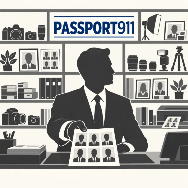 Illustration of a photo studio counter under a Passport911 sign, with a person holding up a sheet of six passport photos.